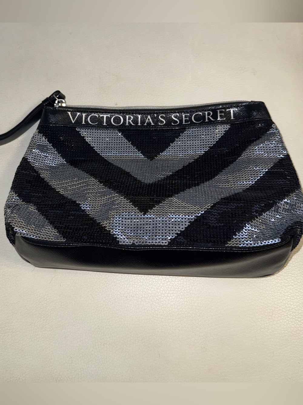 Victoria's Secret Black & Silver Chevron Sequin Cosmetic Pouch